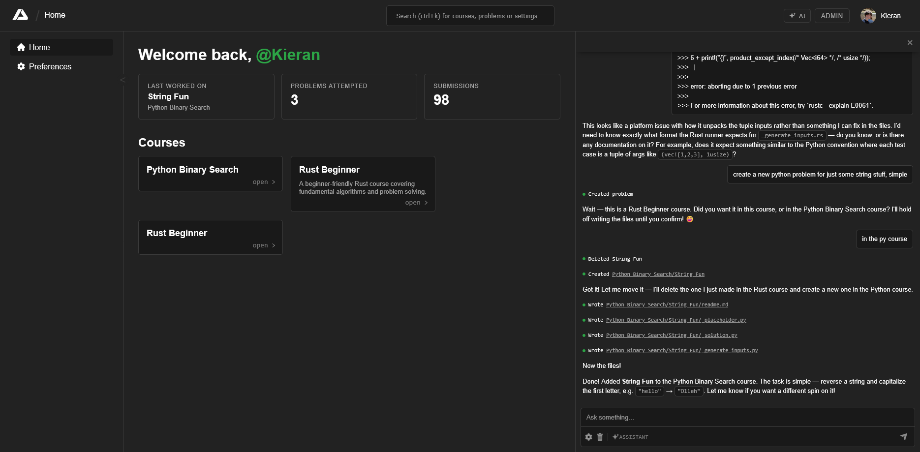 AlgoStudio's AI assistant creating a new problem — writing the readme, placeholder, solution, and test-generator files