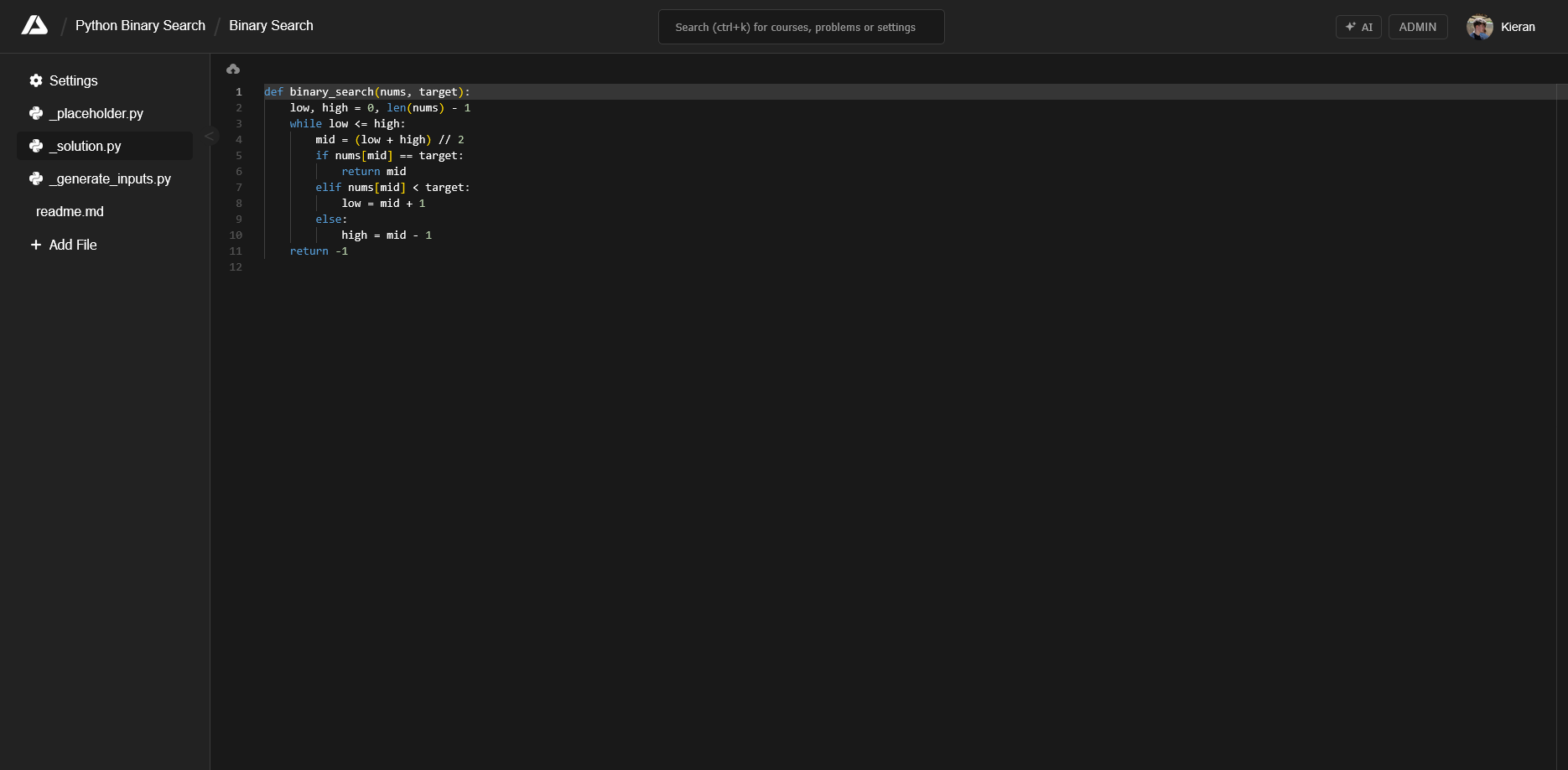 AlgoStudio problem authoring: the file sidebar (placeholder, solution, generate-inputs, readme) beside the code editor