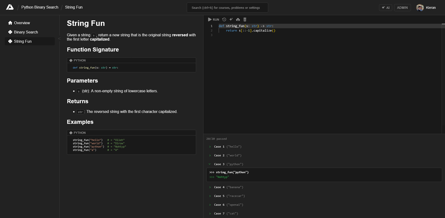 AlgoStudio problem view: the String Fun problem statement beside the code editor, with 20 of 20 test cases passing
